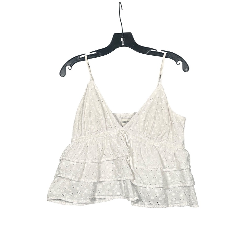 Hollister Babydoll White Eyelet Tiered Ruffle Cami Top Smocked Back Womens Large